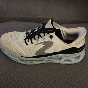Skechers White and Black Athletic Shoe with Light Blue Accents